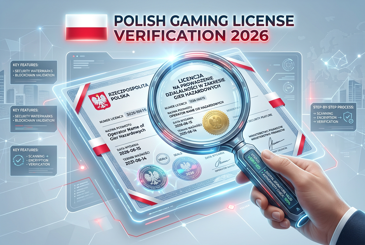 Infografika przedstawiająca weryfikację licencji kasyna online i certyfikaty bezpieczeństwa RNG